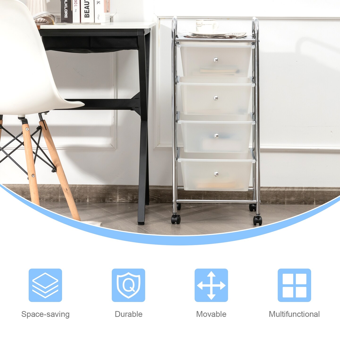 4 Drawer Rolling Storage Cart With Wheels Slim Organizer Steel Frame PP Drawers For Office Home Kitchen