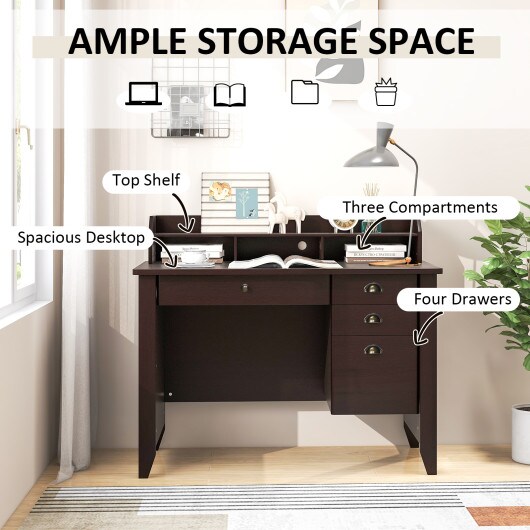 Modern Computer Desk with Storage Shelves and 4 Drawers