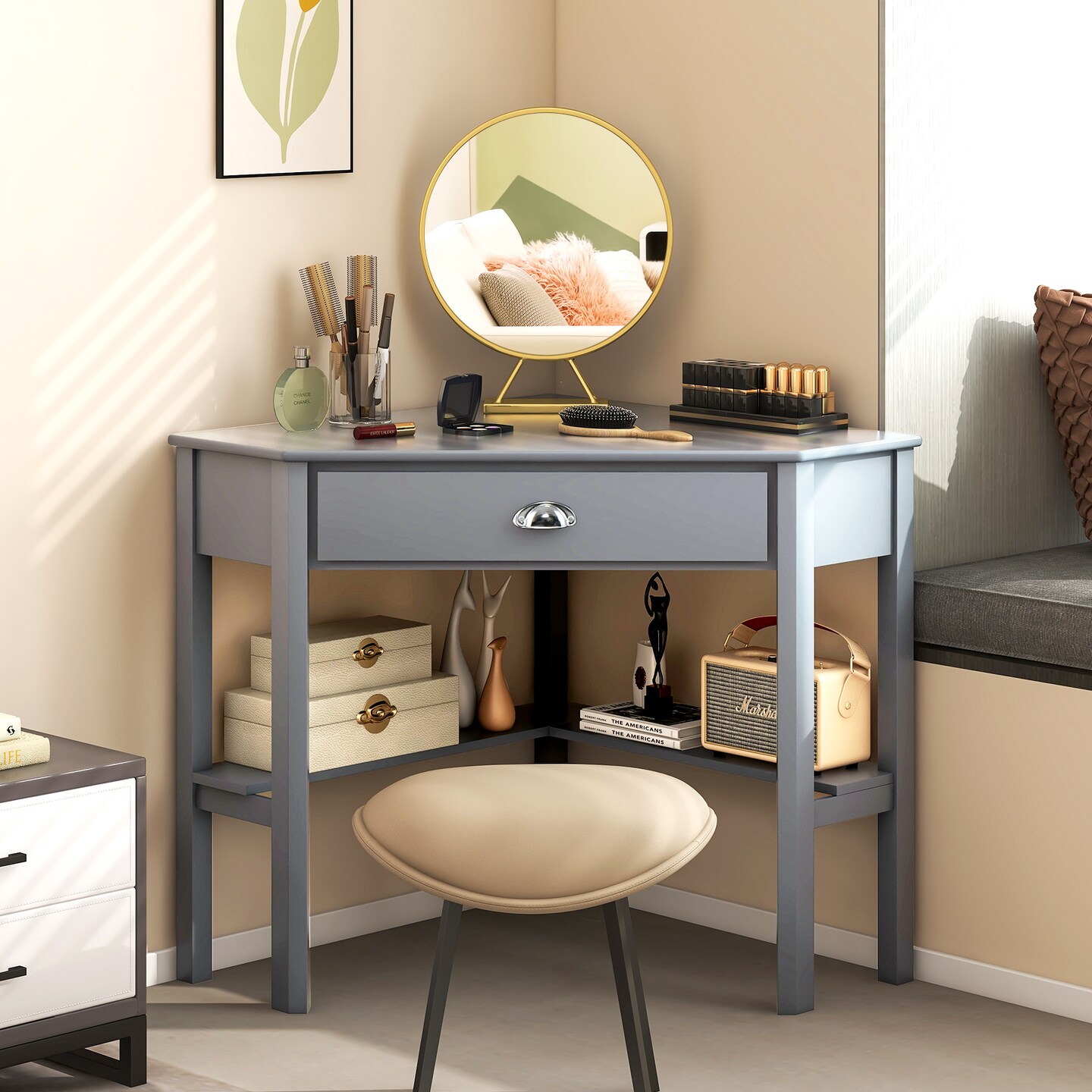 Wooden Corner Computer Desk with Big Storage Drawer and Two Open Shelves