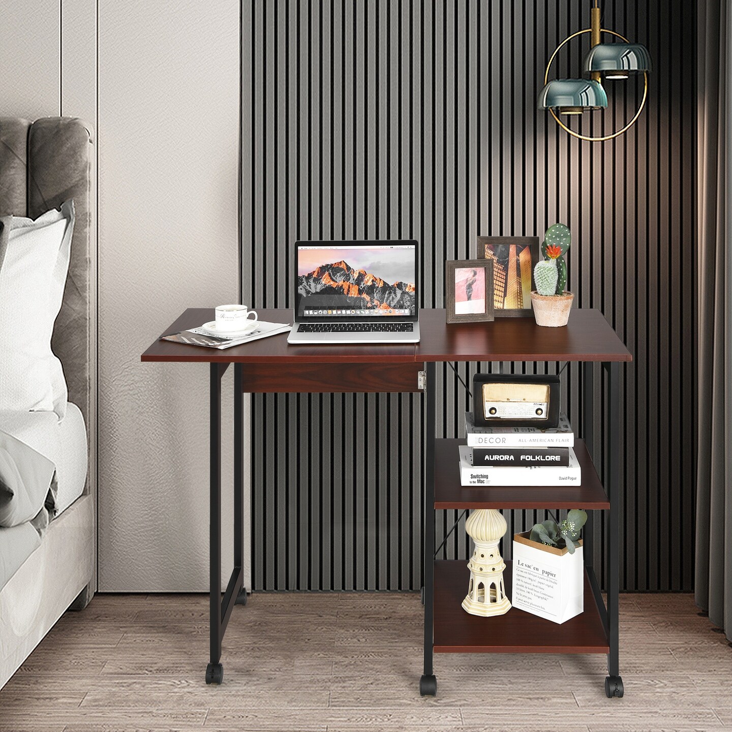 6 Universal Wheels Folding Computer Desk with 2-tier Open Storage Shelves
