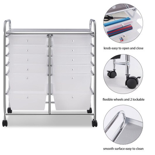 Mobile 12-Drawer Storage Organizer Cart with Ventilated Top Locking Wheels and Sturdy Frame