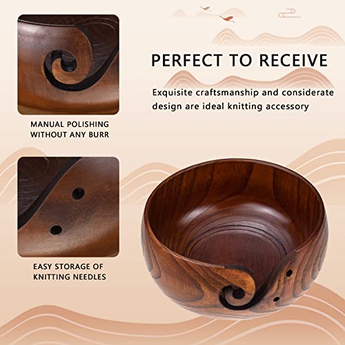 LOOEN Wooden Yarn Bowl Holder Rosewood,Knitting Wool Storage Basket Round with Holes Handmade Craft Crochet Kit Organizer Perfect for Mother&#x27;s Day(Wine Red)