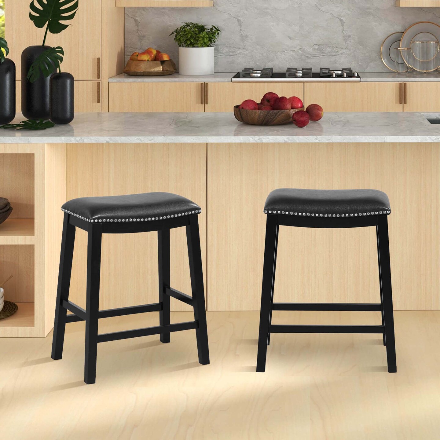 Costway 26-Inch Bar Stool Set of 2 Counter Height Saddle Stools with Upholstered Seat Brown/Black/Gray