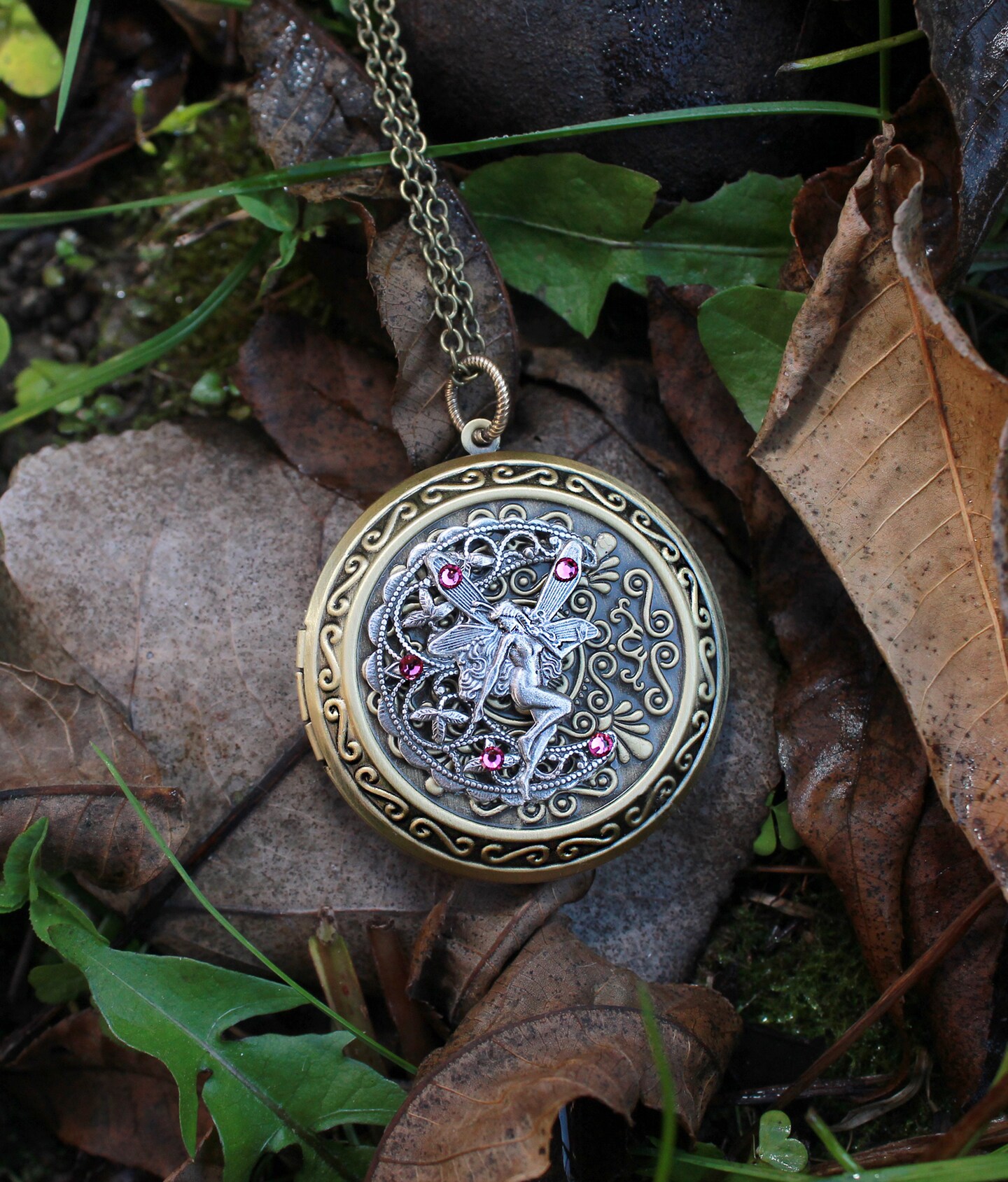 Victorian Bronze Locket Necklace with Silver Fairy on Half Moon
