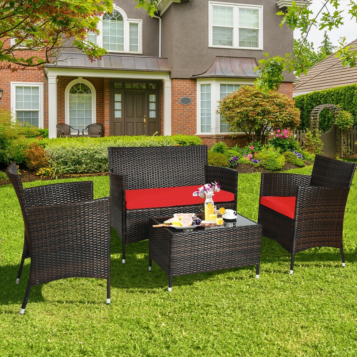 4 Pieces Comfortable Outdoor Rattan Sofa Set With Glass Coffee Table