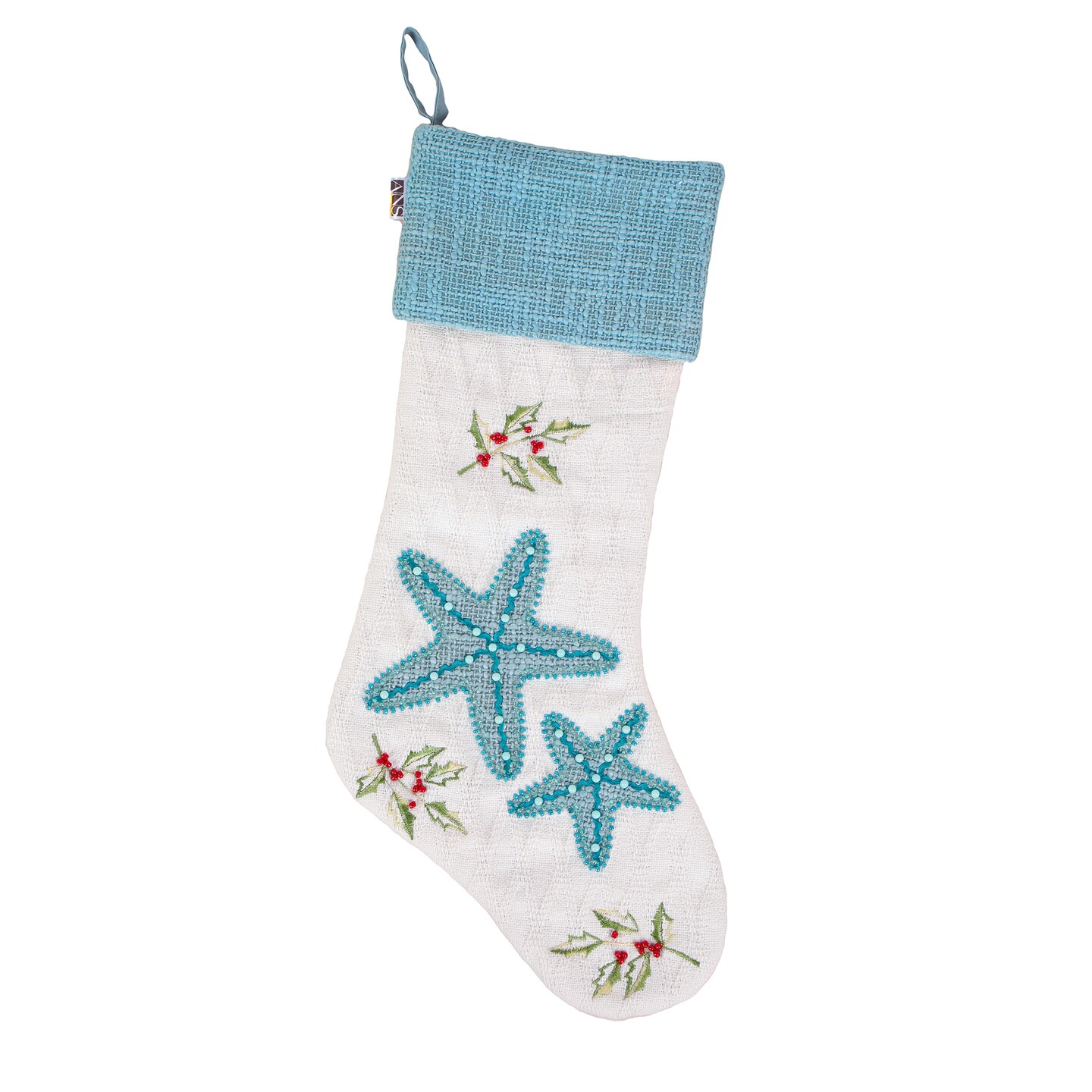 National Tree Company 20&#x201D; HGTV Home Collection Embroidered Blue Starfish Stocking