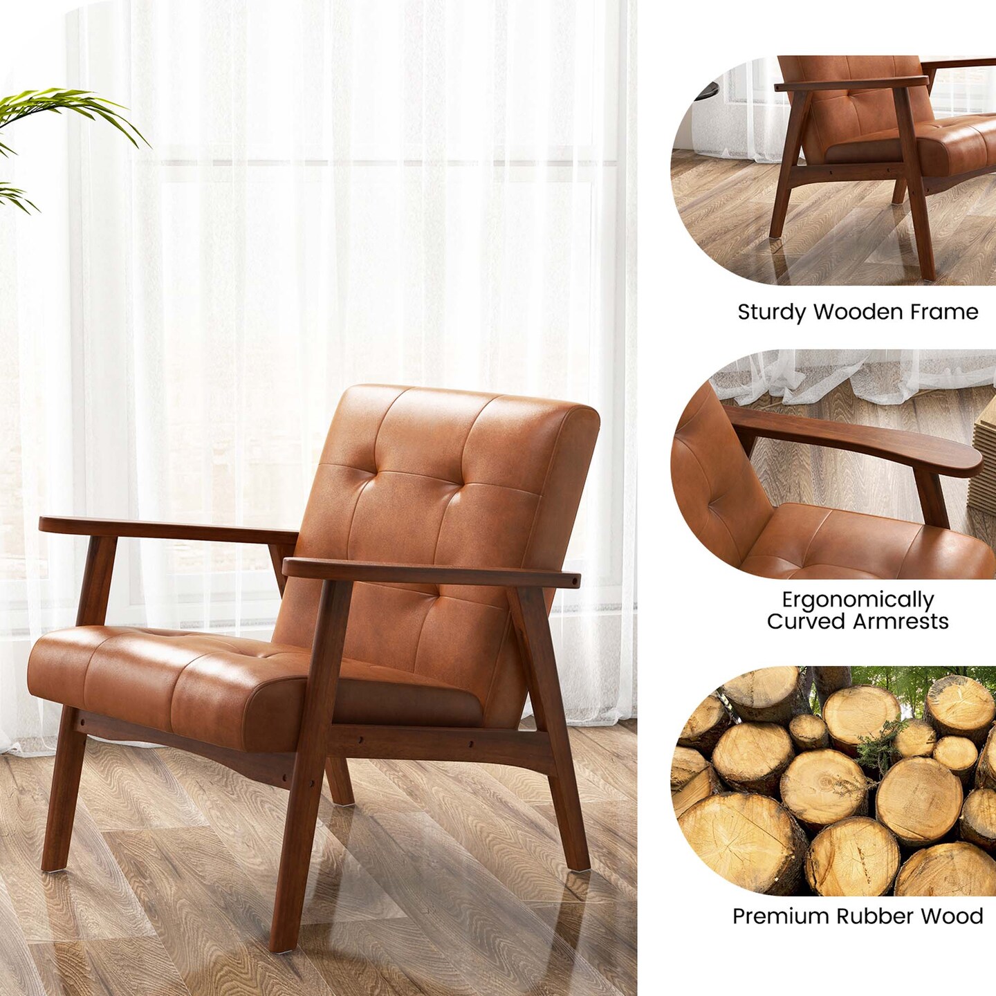 Costway Mid Century Accent Chair Tufted Reading Armchair Solid Rubber Wood Brown/Black