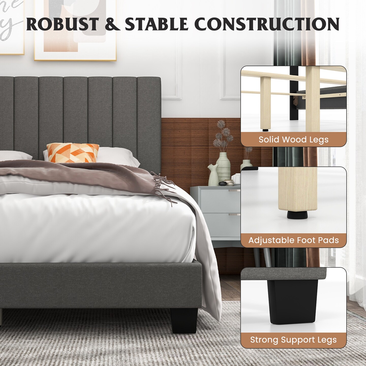 Costway Queen Upholstered Platform Bed Frame Mattress Foundation Box Spring Needed Gray