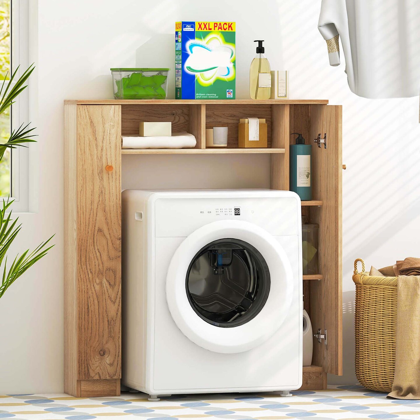 Costway Over The Toilet Storage Cabinet Double Door Bathroom Toilet Storage Organizer Natural/White