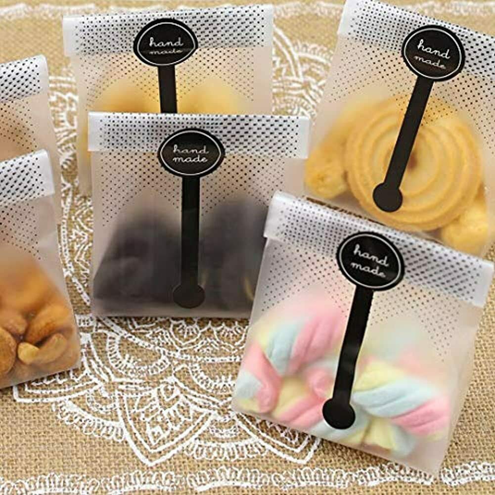 80 Pieces Cookie Bags for Packaging, Searik Translucent Plastic Cellophane Pastry Treat Bags for Party Gift Giving Bakery Bread Candy Chocolate Wrapping Goods with Stickers and Ribbon (3.5 x 8.8 Inches)