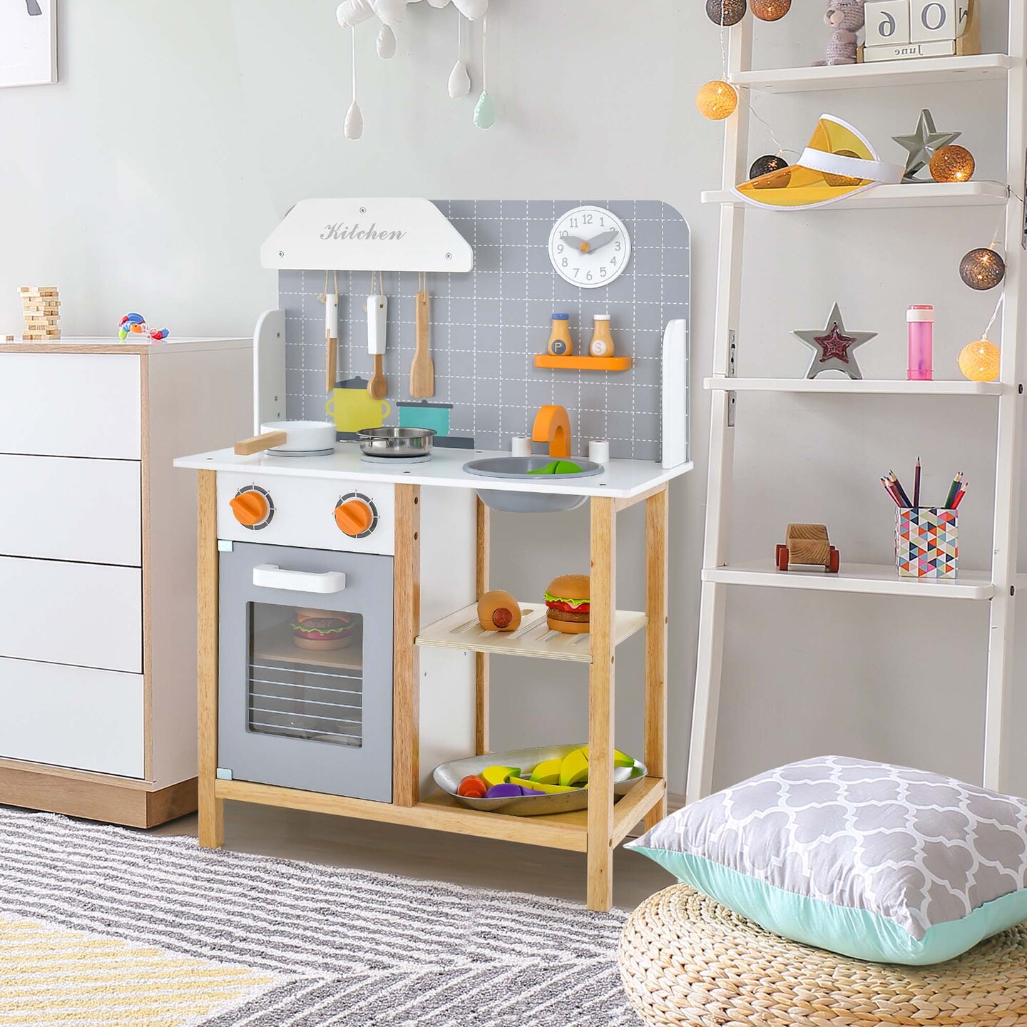 Costway Wooden Kid&#x27;s Play Kitchen Set Pretend Chef Cooking Toy with Cookware Accessories