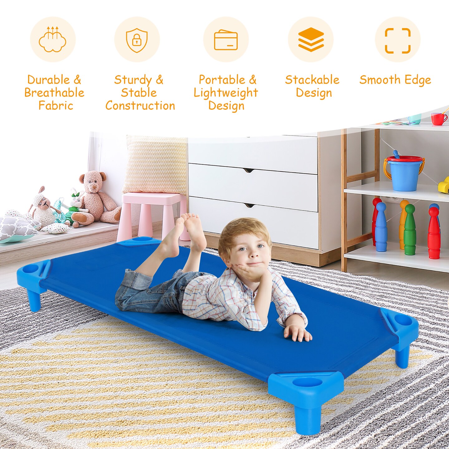 Costway Pack of 6 Kids Stackable Naptime Cot 52&#x27;&#x27; L x 23&#x27;&#x27; W Daycare Rest Mat