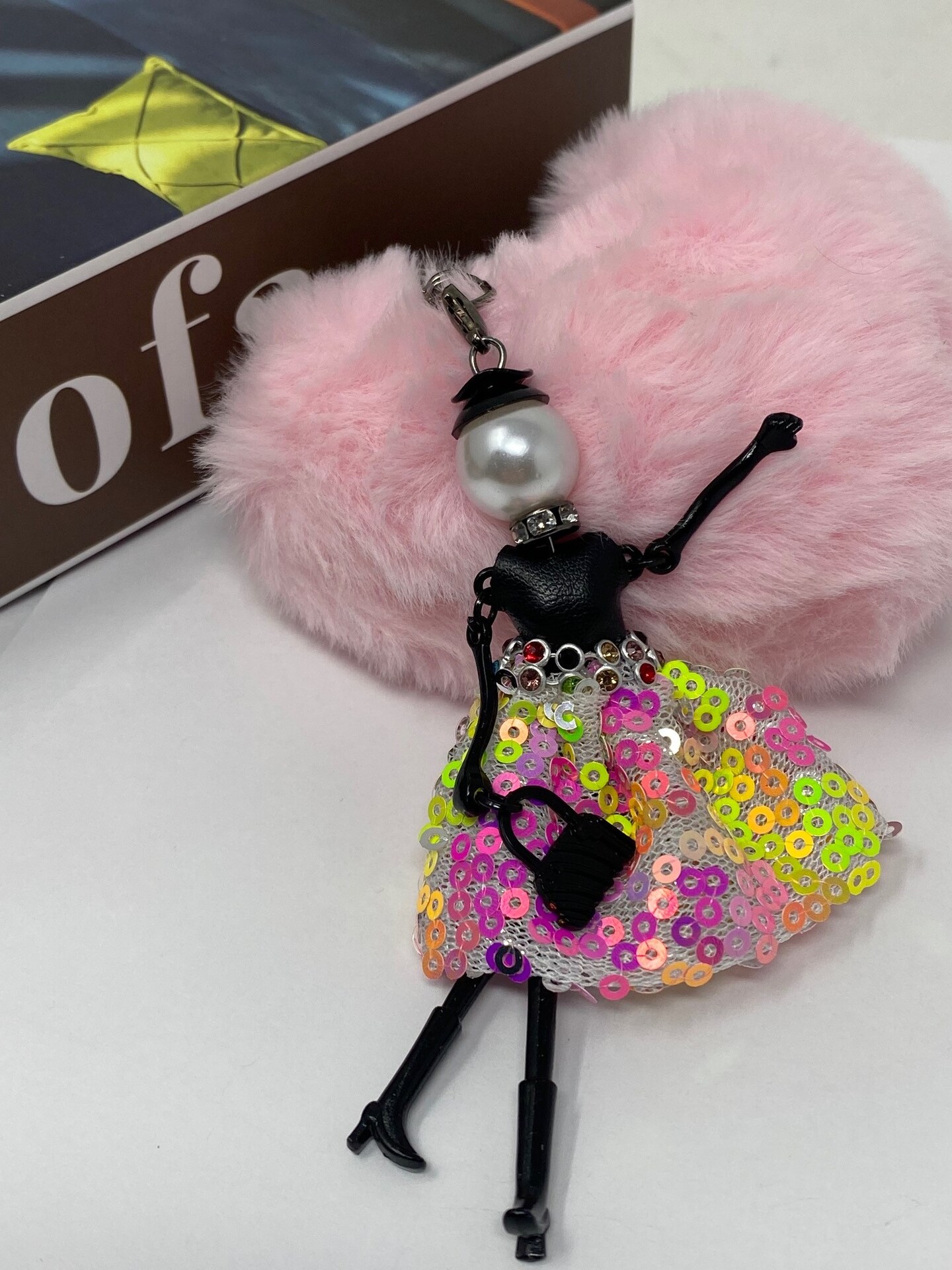 Wrapables Hanging Fashionista Doll Keychain, Crystal Rhinestone Keyring Bag Charm, Pink &#x26; Yellow Sequins