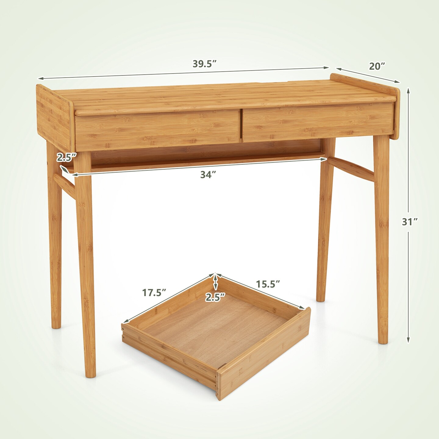 Costway Bamboo Writing Desk 39.5" Computer Study Desk with 2 Storage Drawers & Open Shelf