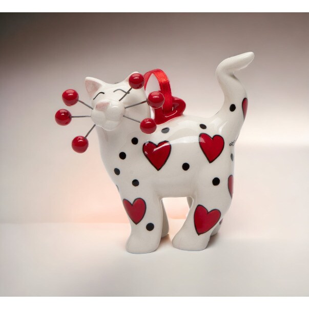 kevinsgiftshoppe Ceramic White Cat with Red Hearts Ornament Home Decor  Mom