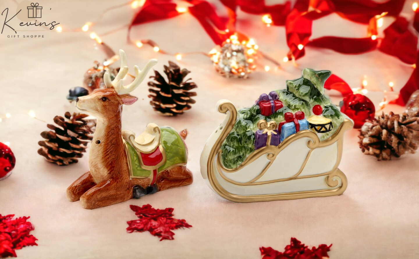 Ceramic Christmas Sleigh With Deer Salt &#x26; Pepper Shakers, Home D&#xE9;cor, Gift for Her, Gift for Mom, Kitchen D&#xE9;cor, Christmas D&#xE9;cor