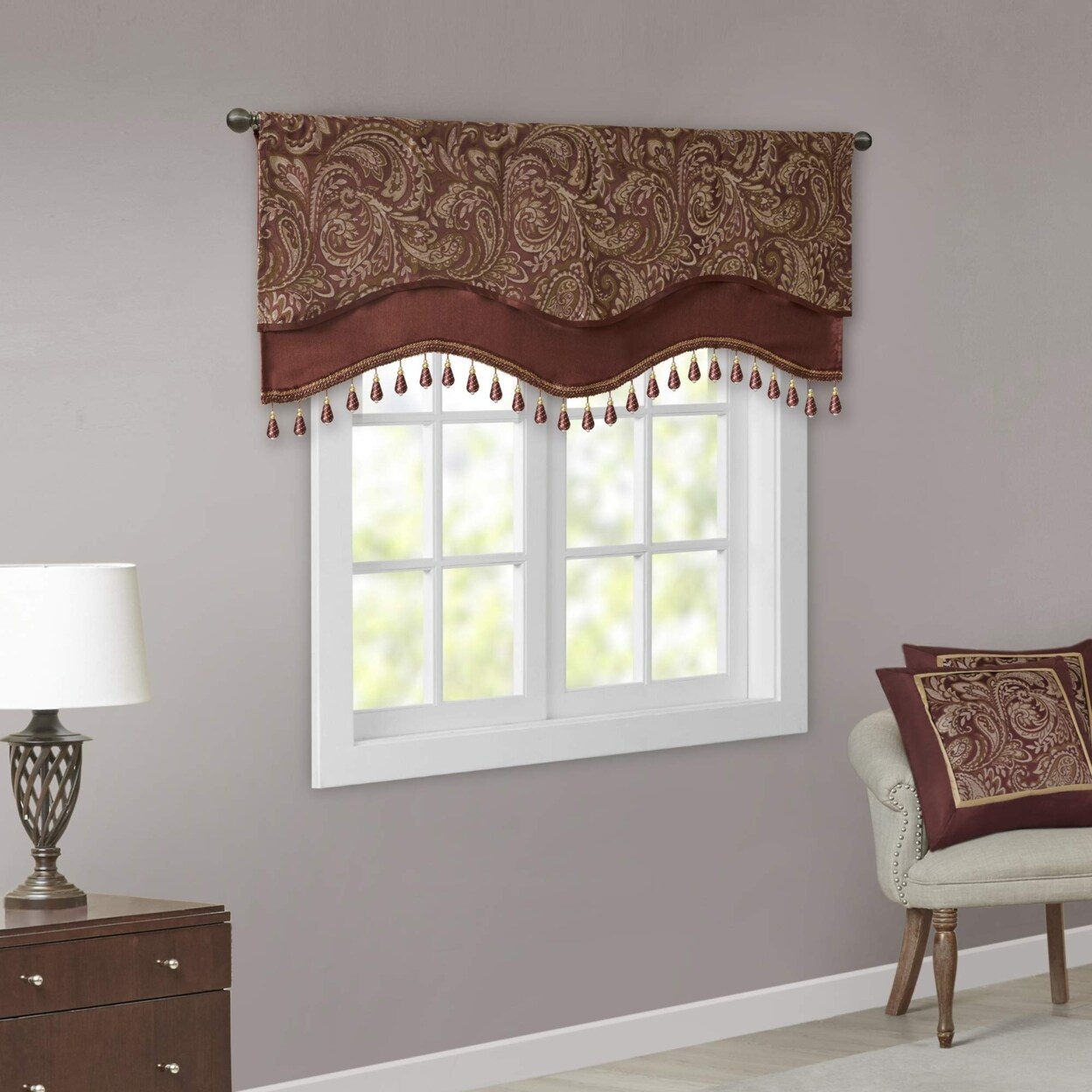 Madison Park Aubrey Jacquard Window Rod Pocket Valance Burgundy