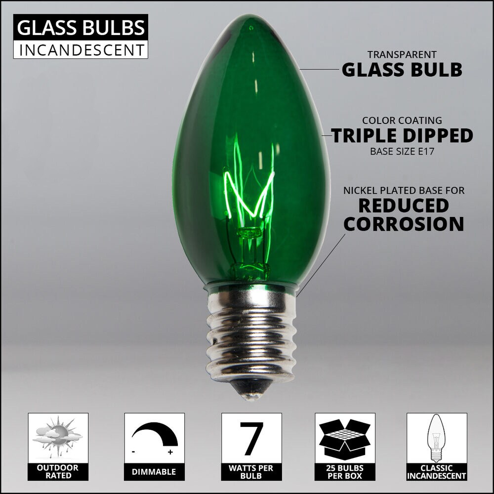 25 Bulbs - C9 Triple Dipped Transparent Green, 7 Watt lamp