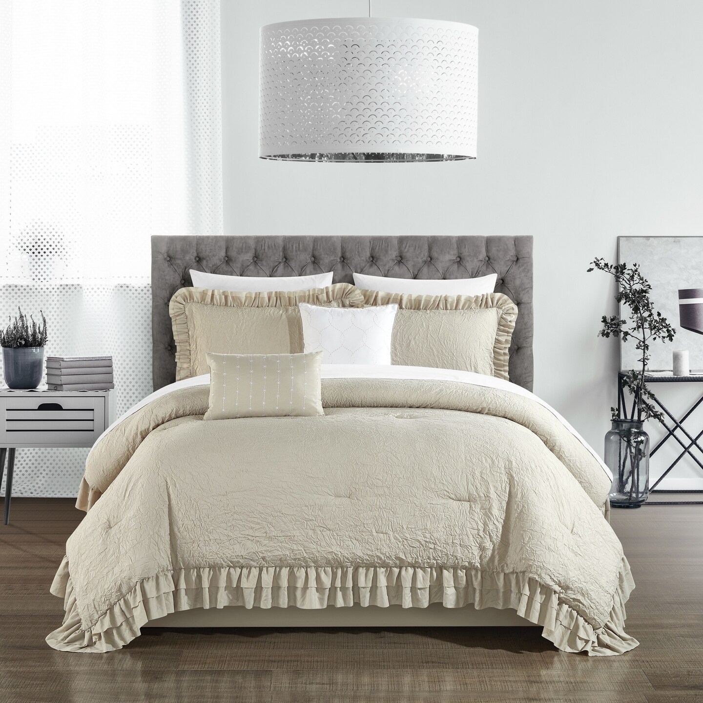 Chic Home 5 piece Kensley Comforter Set Washed Crinkle Ruffled Flange Border Design Bedding