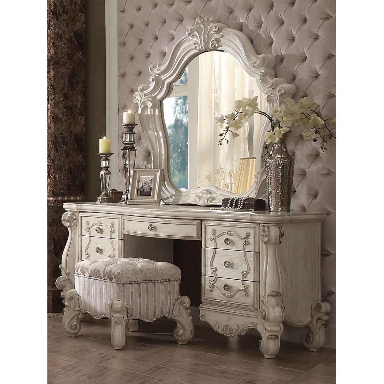 ACME Tufted Fabric Upholstered Wooden Vanity Stool with Scrolled Legs, Bone White- Saltoro Sherpi