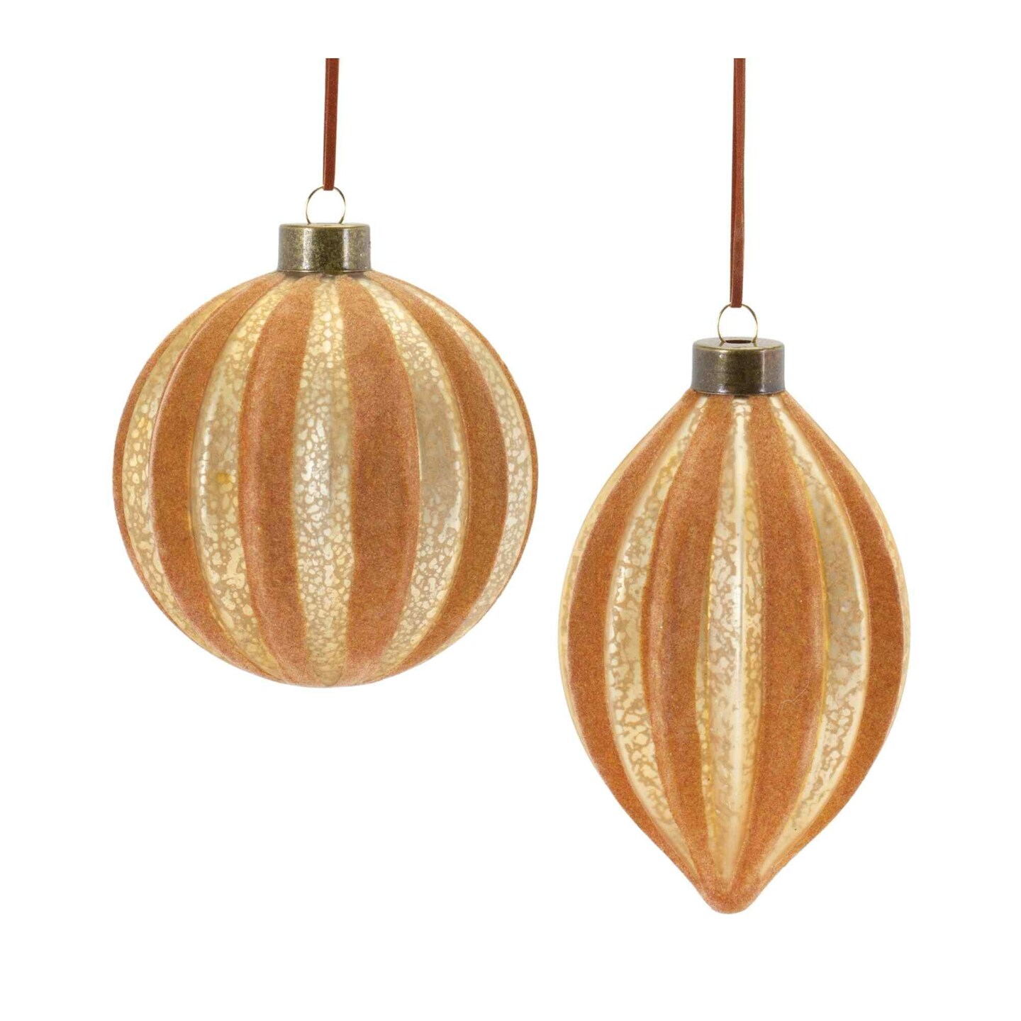Melrose Shiny Finish Ribbed Glass Christmas Ornaments - 5.5&#x22; (140mm) - Gold and Brown - 12ct