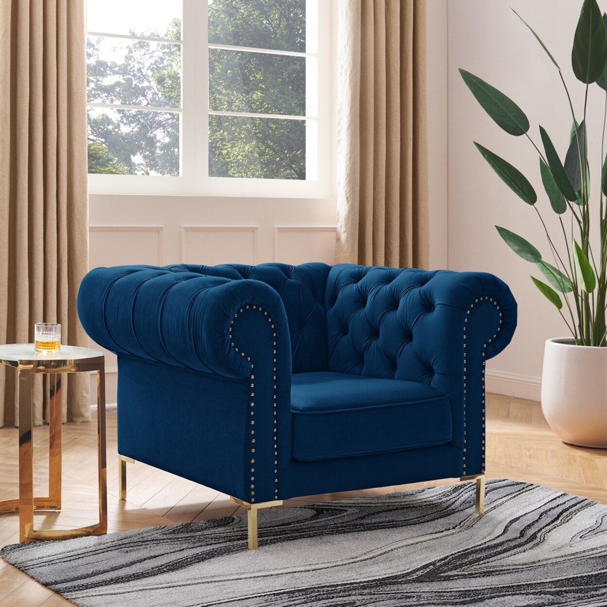 Inspired Home Abrianna Club Chair-Button Tufted-Gold Nailhead Trim, Sinuous Springs-Rolled Arms, Y-leg