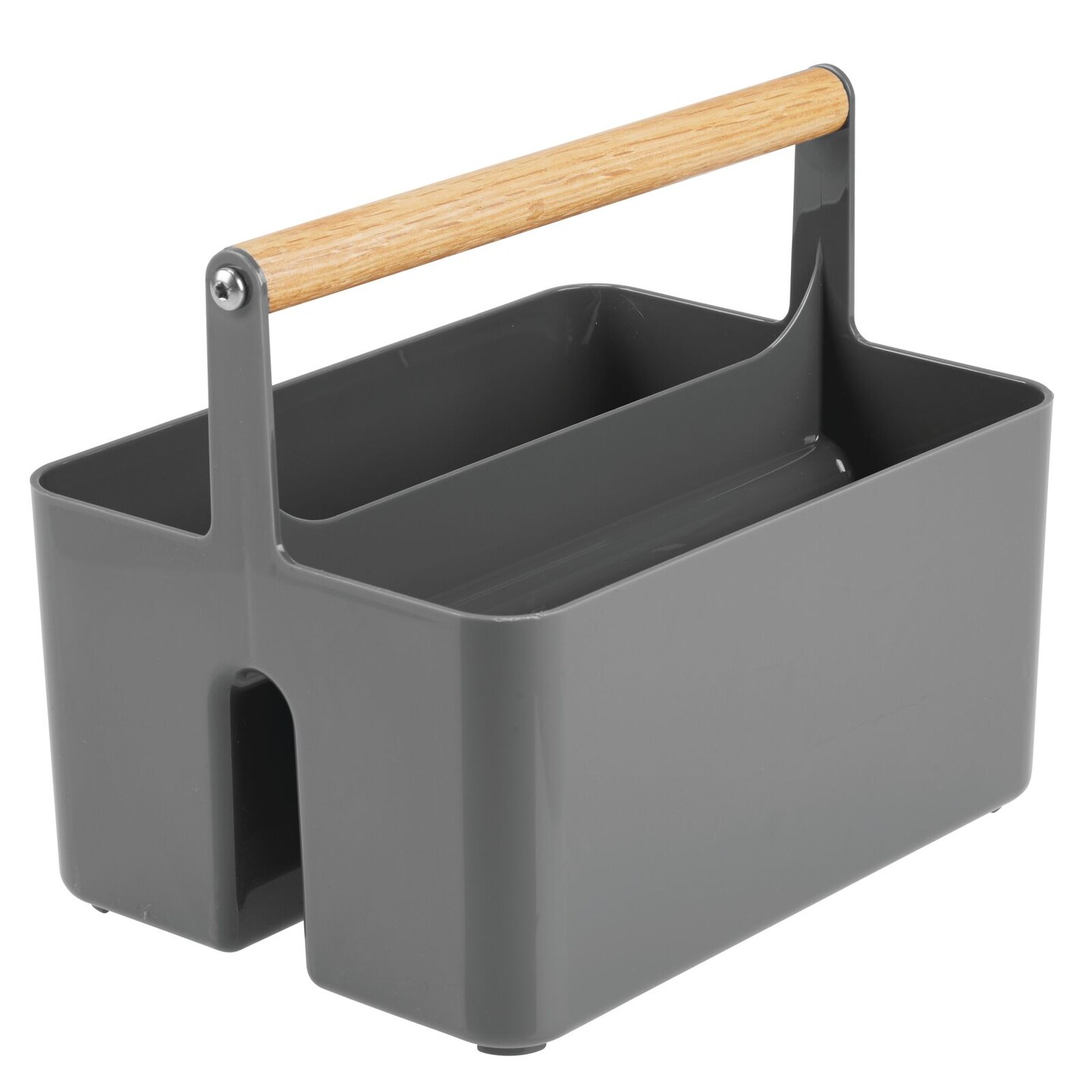 mDesign Plastic Tote, Divided Basket Bin with Wood Handle