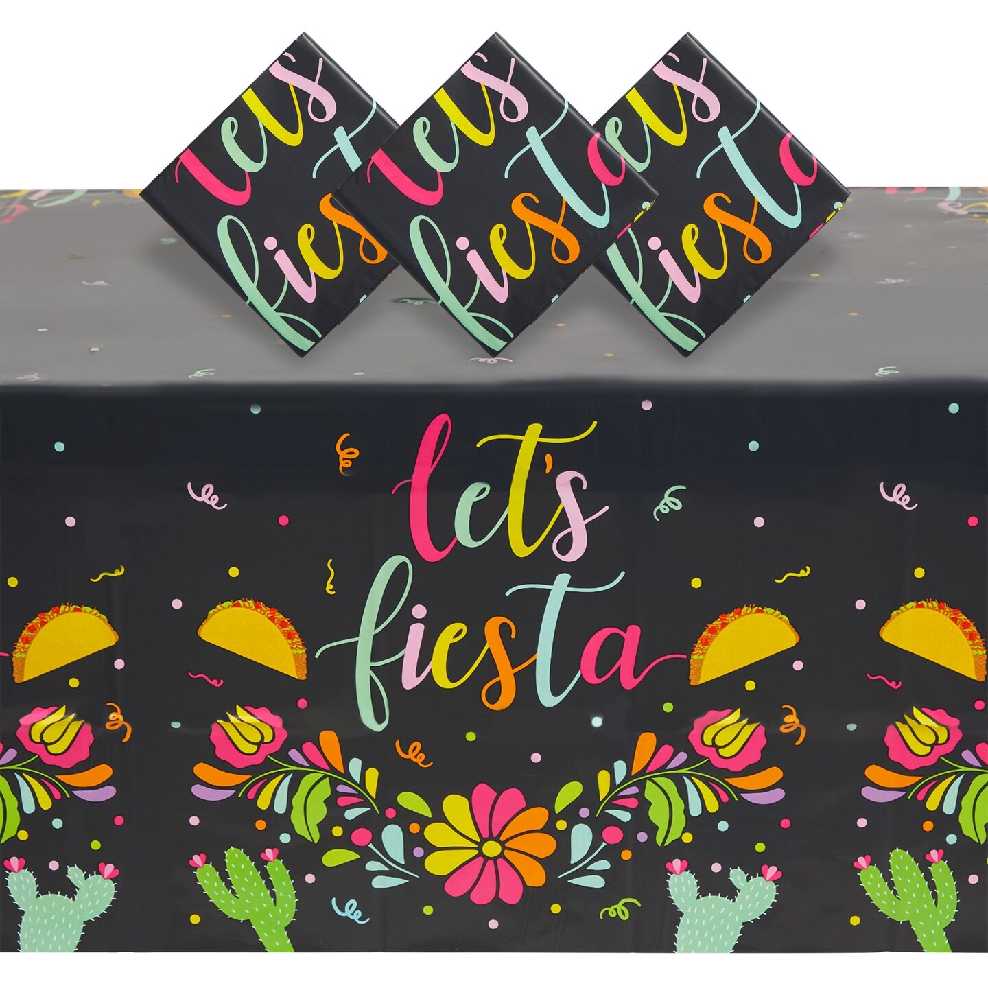 3 Pack Let&#x2019;s Fiesta Table Covers for Cinco de Mayo Decorations, Mexican Taco Party Supplies (54 x 108 In)