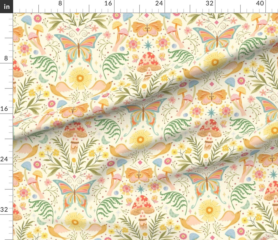 Various Fabrics by the Yard or Fat Quarter Woodland Damask Bright Pastels Pale Yellow Spring Floral Botanical Butterfly Colorful Cheerful Custom Printed Fabric by Spoonflower