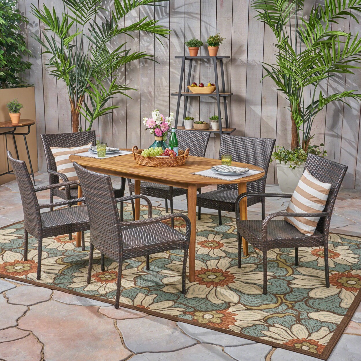 GDFStudio Elle Outdoor 7 Piece Acacia Wood Dining Set with Stacking