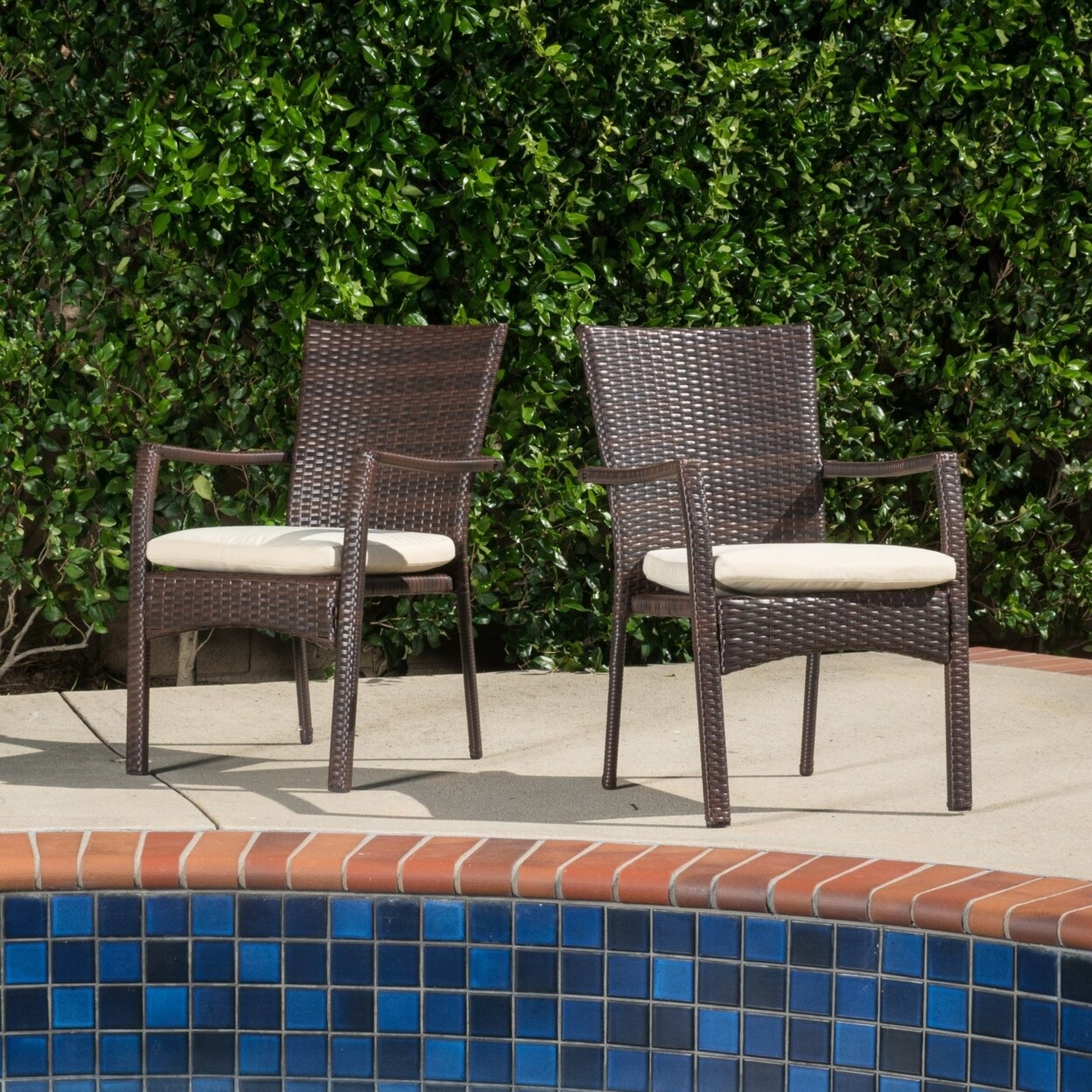 GDF Studio Melba Outdoor Brown Wicker Dining Chair with Beige Cushion (Set of 2)