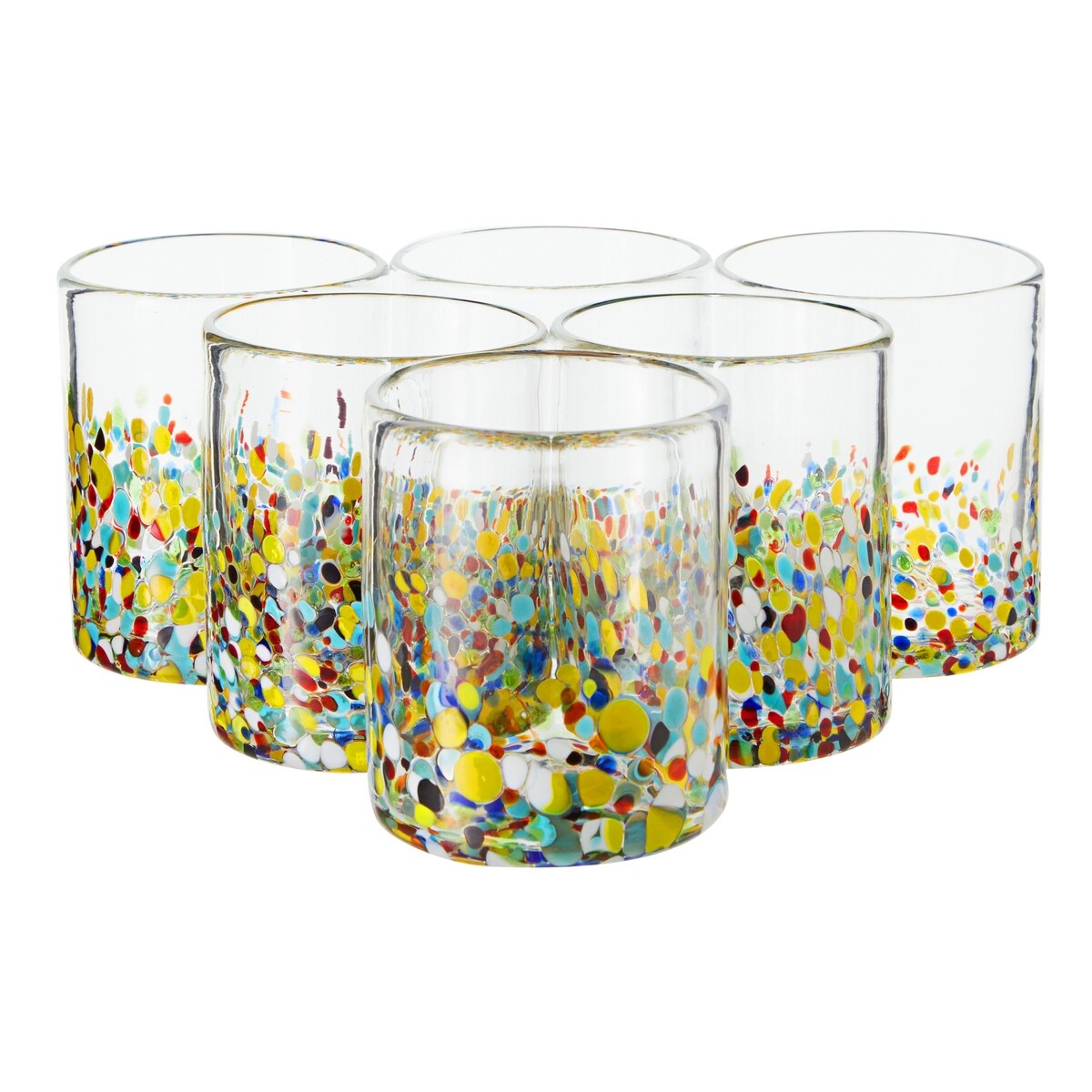 10 oz Hand Blown Mexican Drinking Glasses, Half Confetti Tumbler Cups (Set of 6)