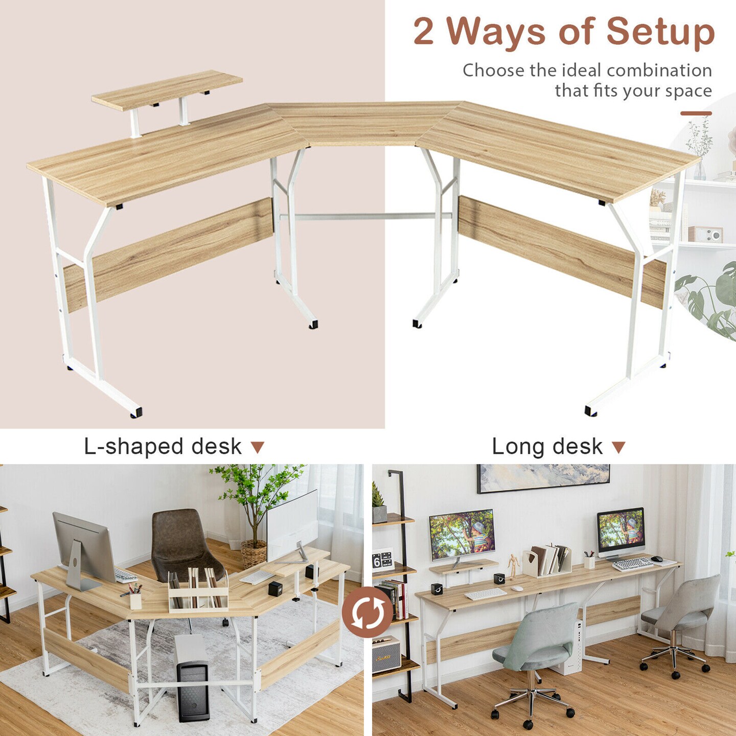 Costway 88.5'' L Shaped Reversible Computer Desk 2 Person Long Table Monitor Stand
