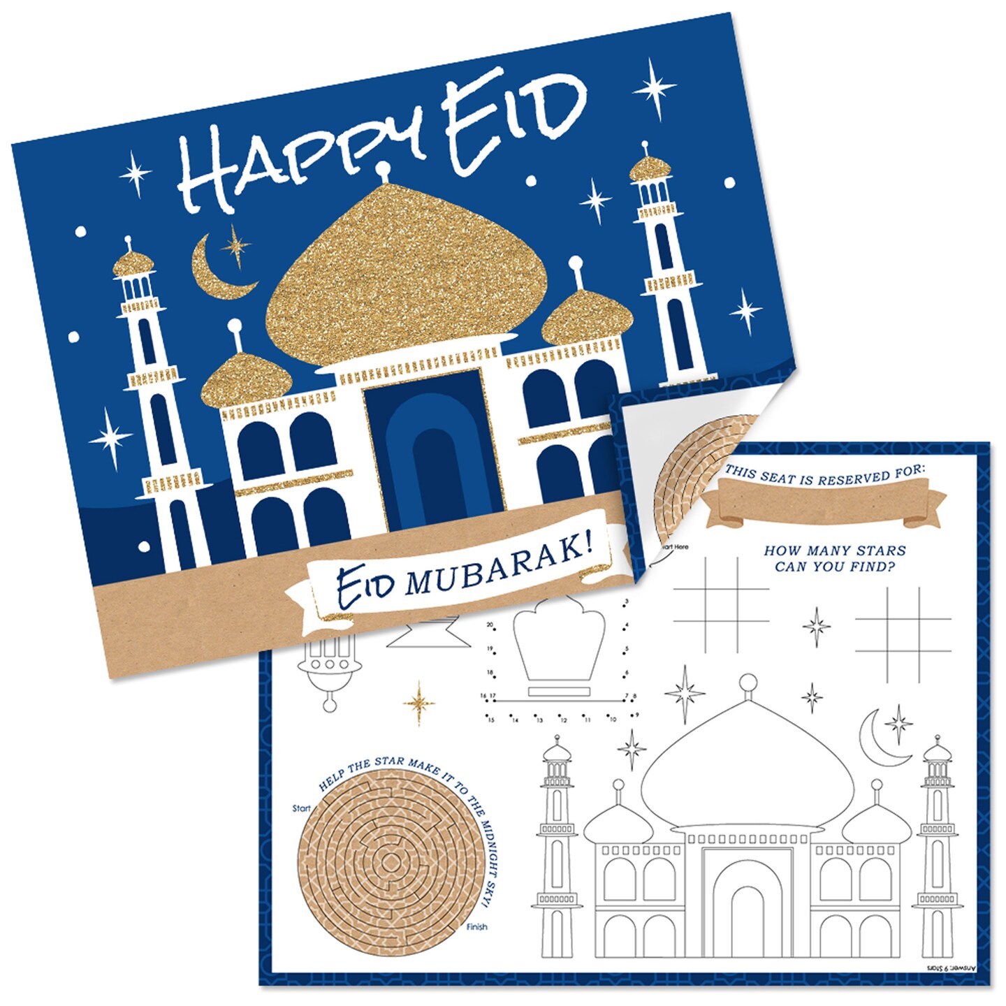 Big Dot of Happiness Eid Mubarak - Paper Ramadan Party Coloring Sheets - Happy Eid Activity Placemats - Set of 16