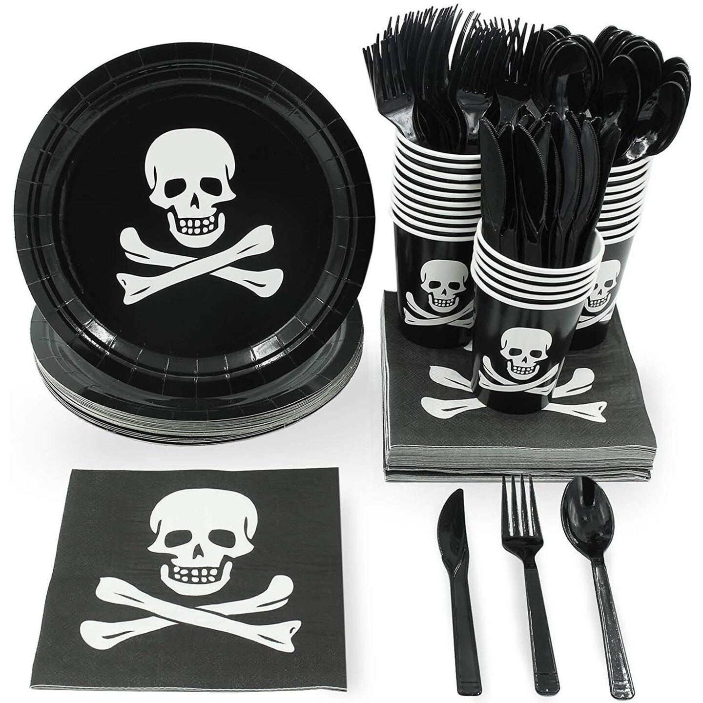 144-Pieces Pirate Party Supplies with Skeleton Paper Plates, Napkins, Cups  and Cutlery for Skull Birthday Party Decorations, Disposable Dinnerware Set  (Serves 24)
