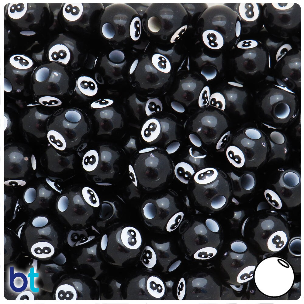 BeadTin Black Opaque 12mm Round Plastic Pony Beads - Billiard 8 Ball Design (48pcs)