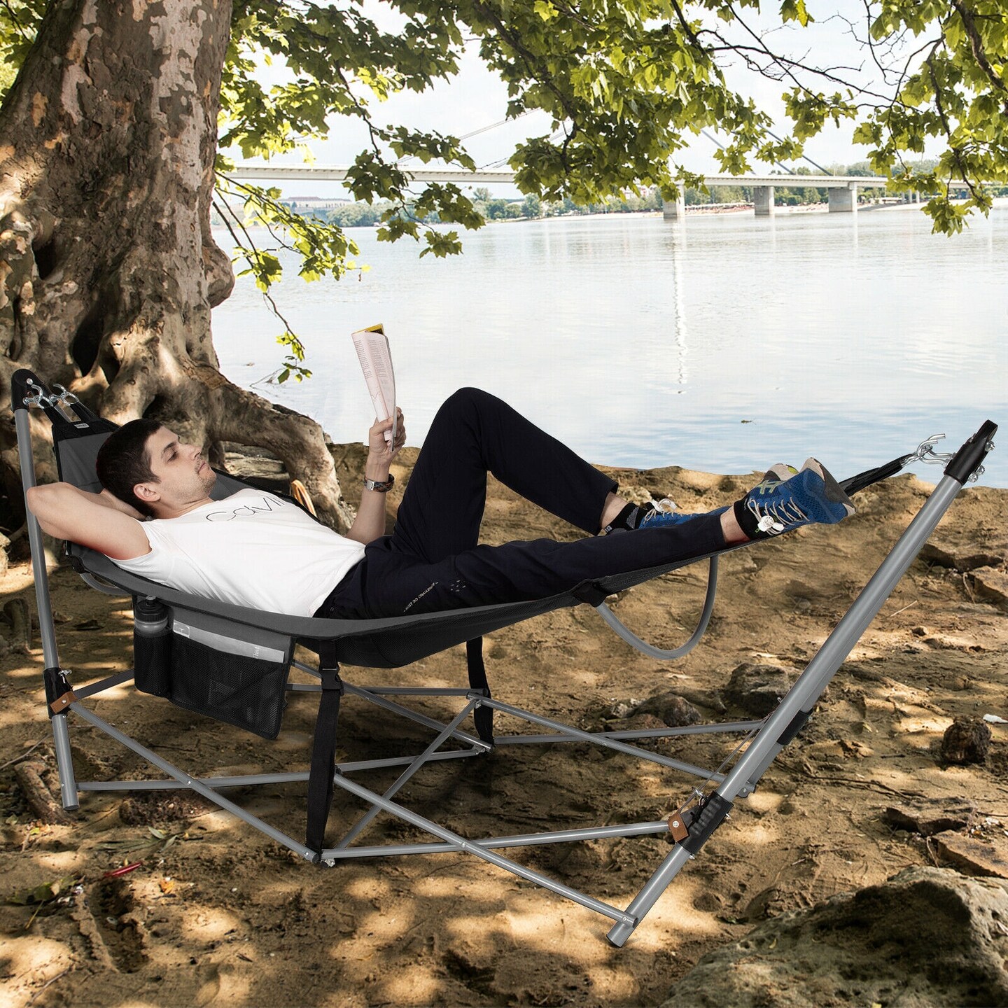 Outdoor Folding Hammock Bed with Breathable Fabric Metal Frame and Side Pocket Storage