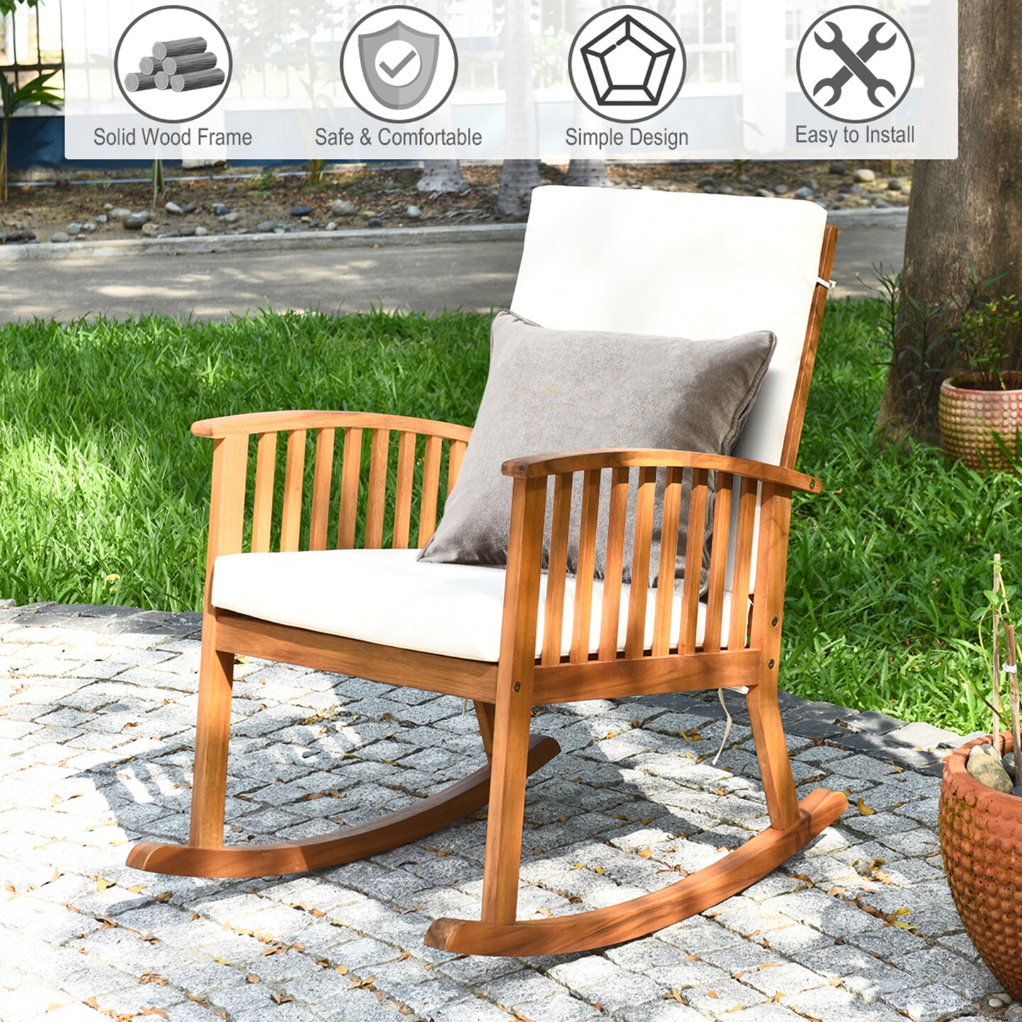 Costway 2PCS Acacia Wood Rocking Chair Garden Lawn W/ Cushion