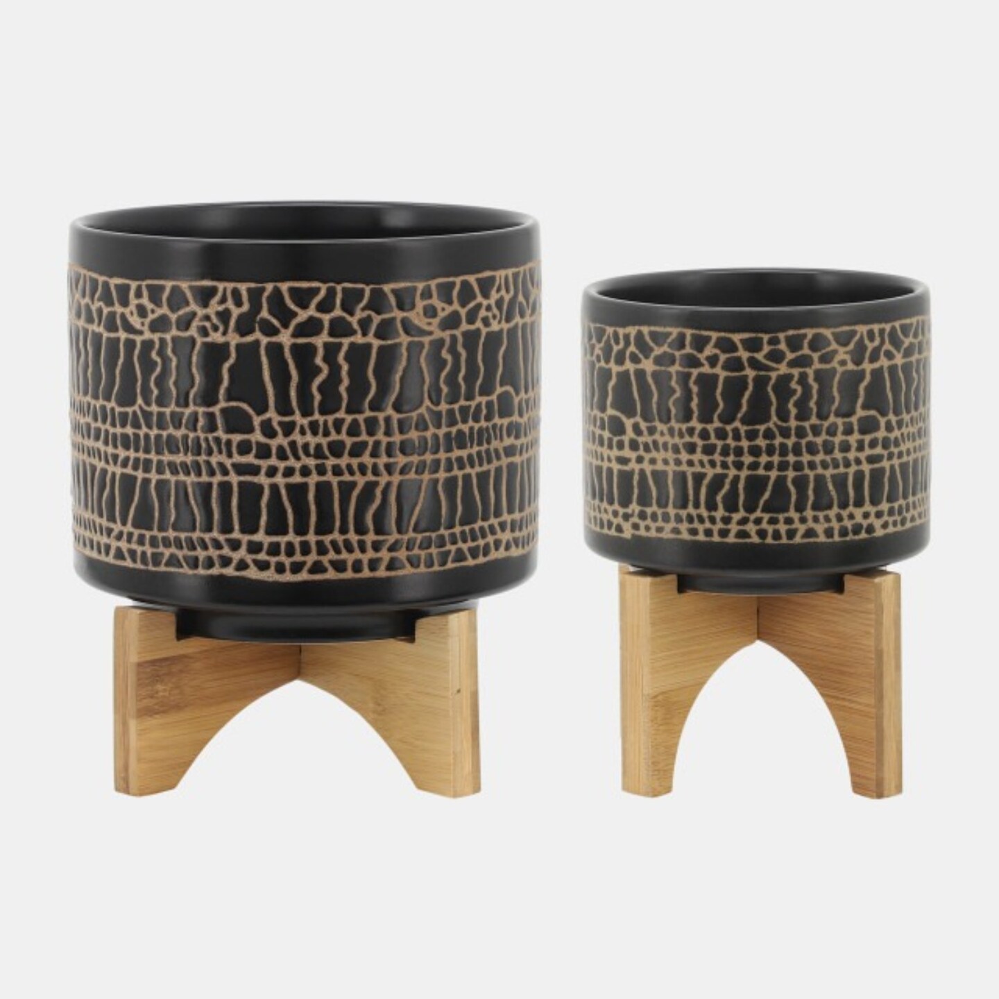 Kingston Living Glazed Ceramic Planters with Wooden Stand - 10.5&#x22; - Black and Brown - Set of 2