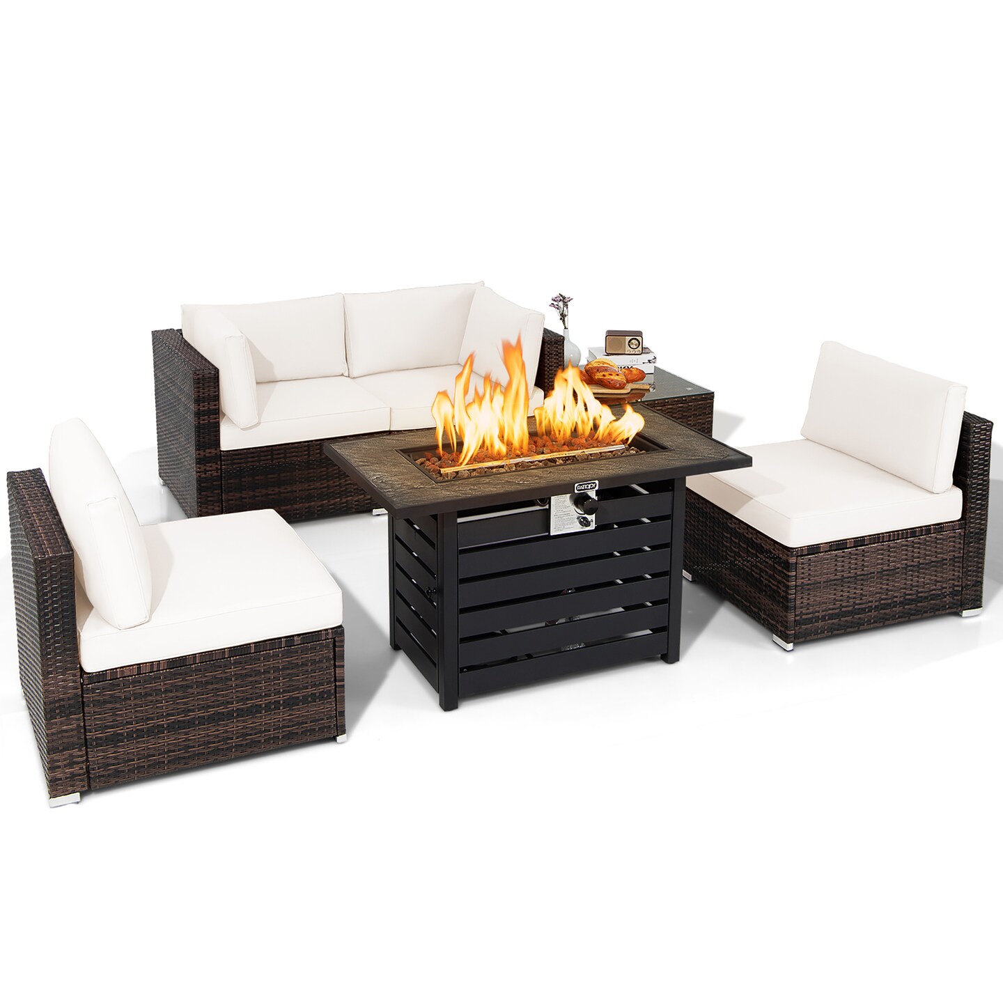 Costway 6PCS Patio Rattan Furniture Set 42'' Fire Pit Table Cover Sofa Cushion Off White/Black/Navy/Red/Turquoise