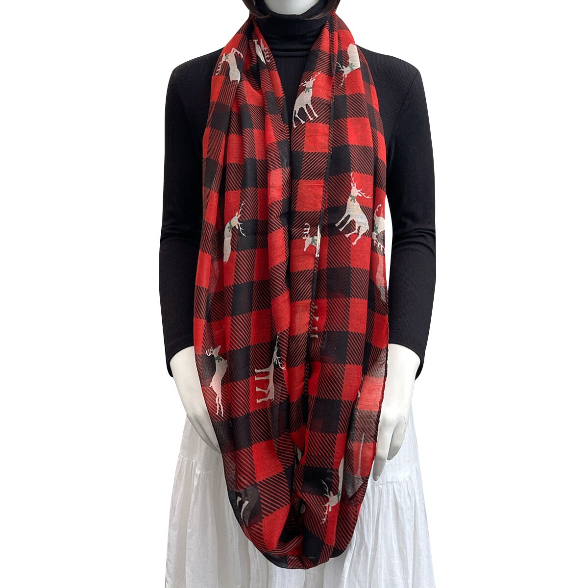 Wrapables Lightweight Winter Holiday Infinity Scarf, Reindeer Plaid Red