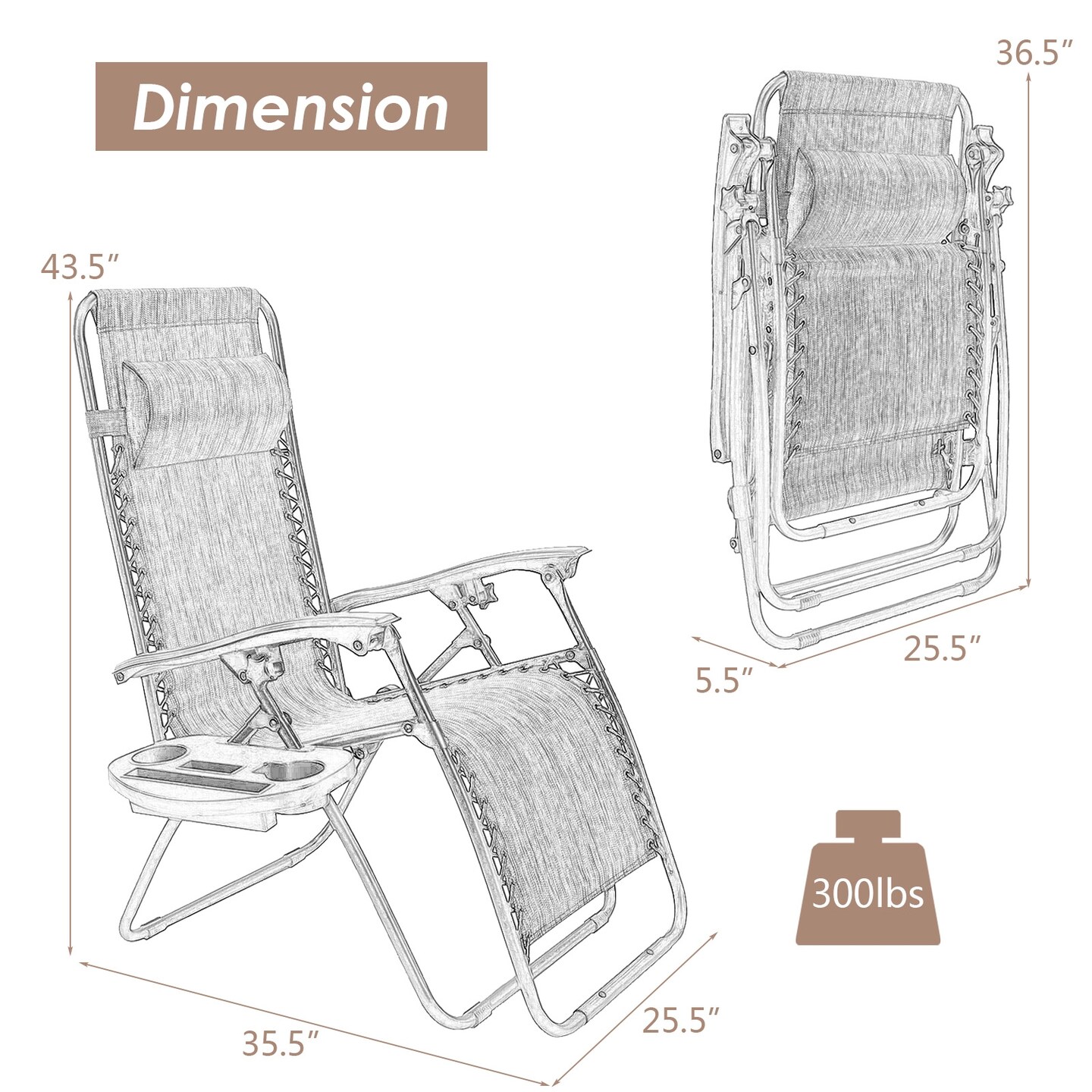 Outdoor Folding Zero Gravity Reclining Lounge Chair with Utility Tray