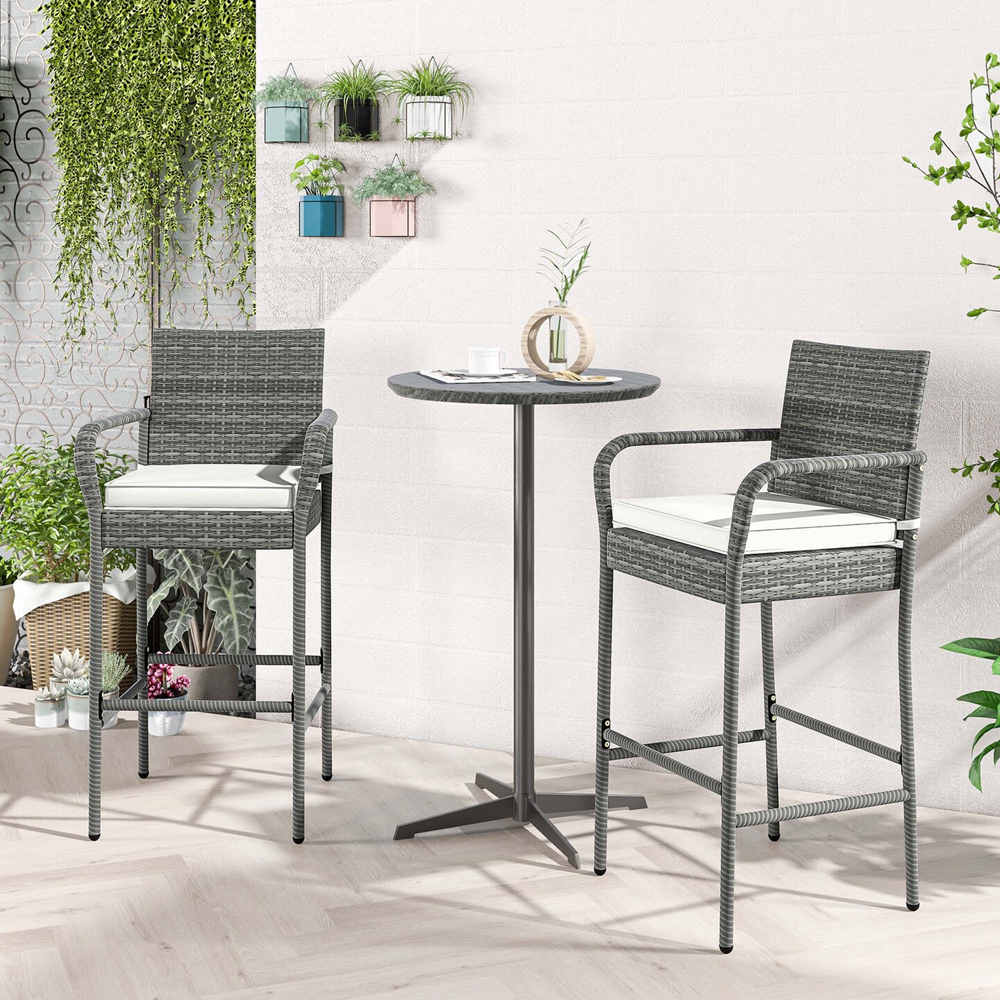 Costway 2/4 PCS Patio PE Wicker Bar Chairs Counter Height&#xA0;Barstools With Armrests &#x26;Cushions