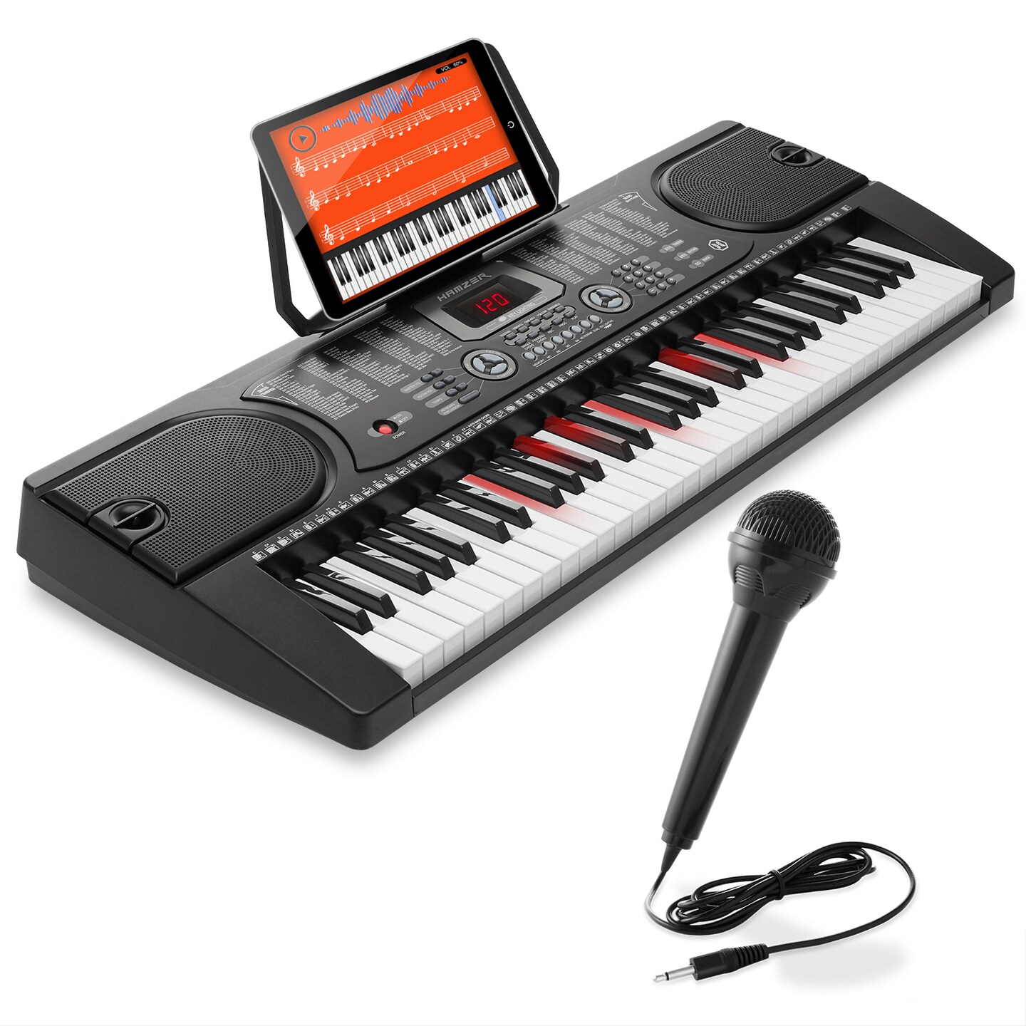Hamzer 61 Key Keyboard Piano with Lighted Keys, Built-In Speakers, Microphone & Key Labels - Portable Electronic Keyboard Instrument for Beginners