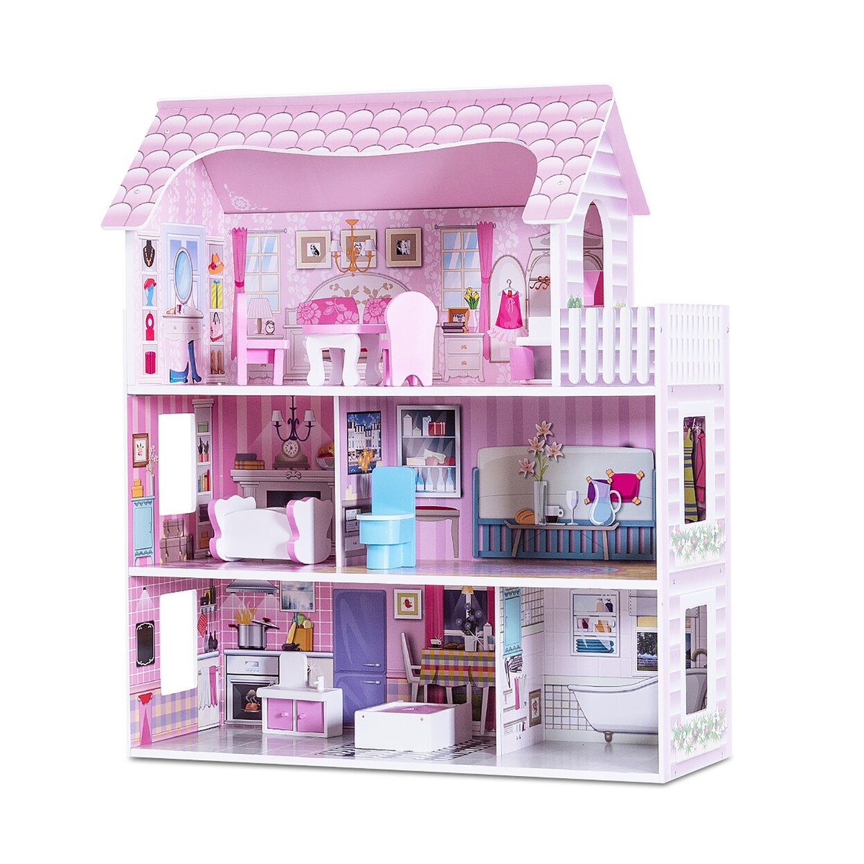 28 Pink Dollhouse W/ Furniture Gliding Elevator Rooms 3 Levels Young Girls Toy