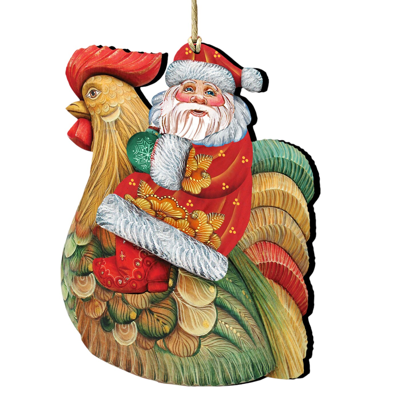Designocracy Set of 2 Santa Claus Sitting on a Rooster Wooden Christmas Ornaments 5.5&#x22;