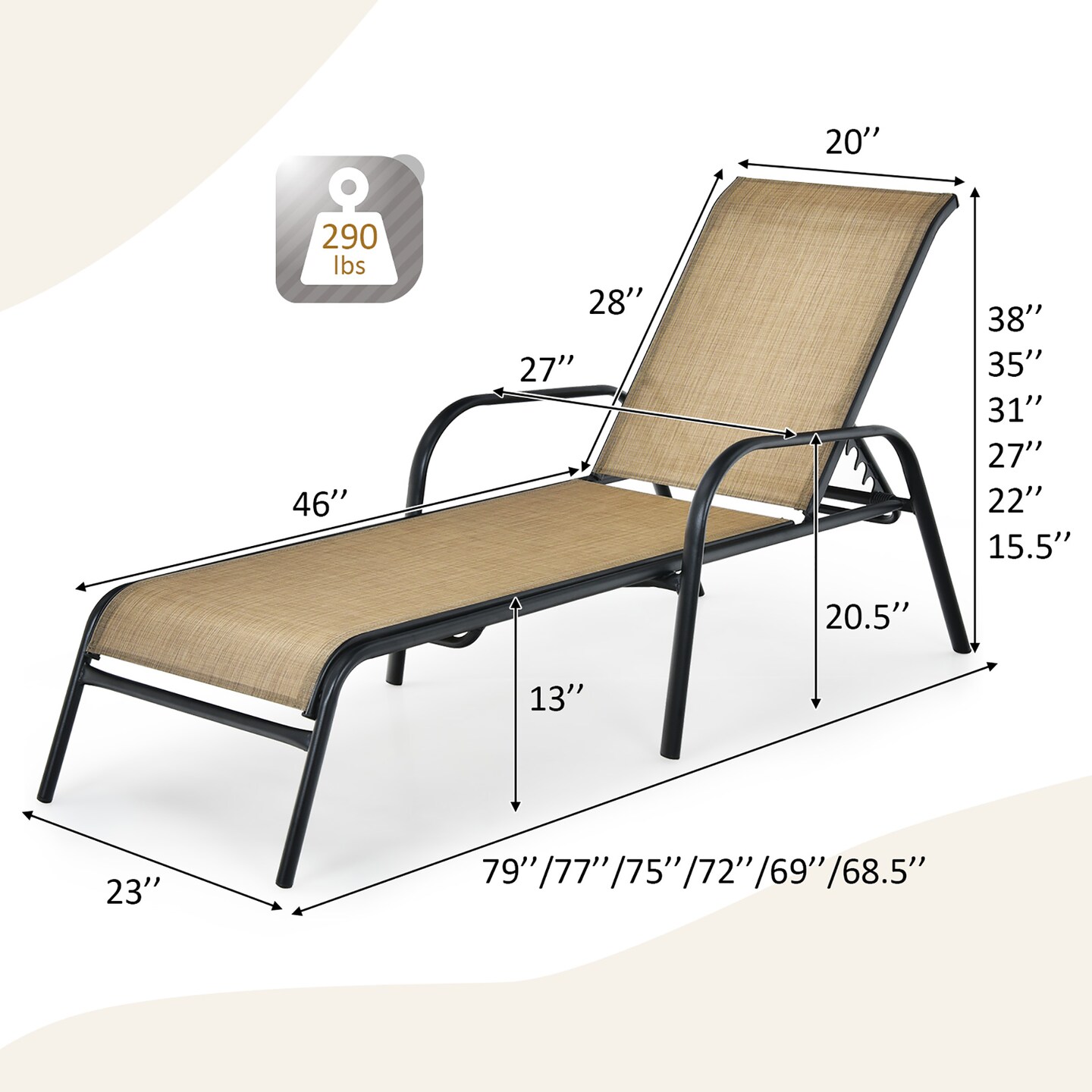 Costway 8PCS Patio Lounge Chair Chaise Adjustable Recliner Stack No Assembly