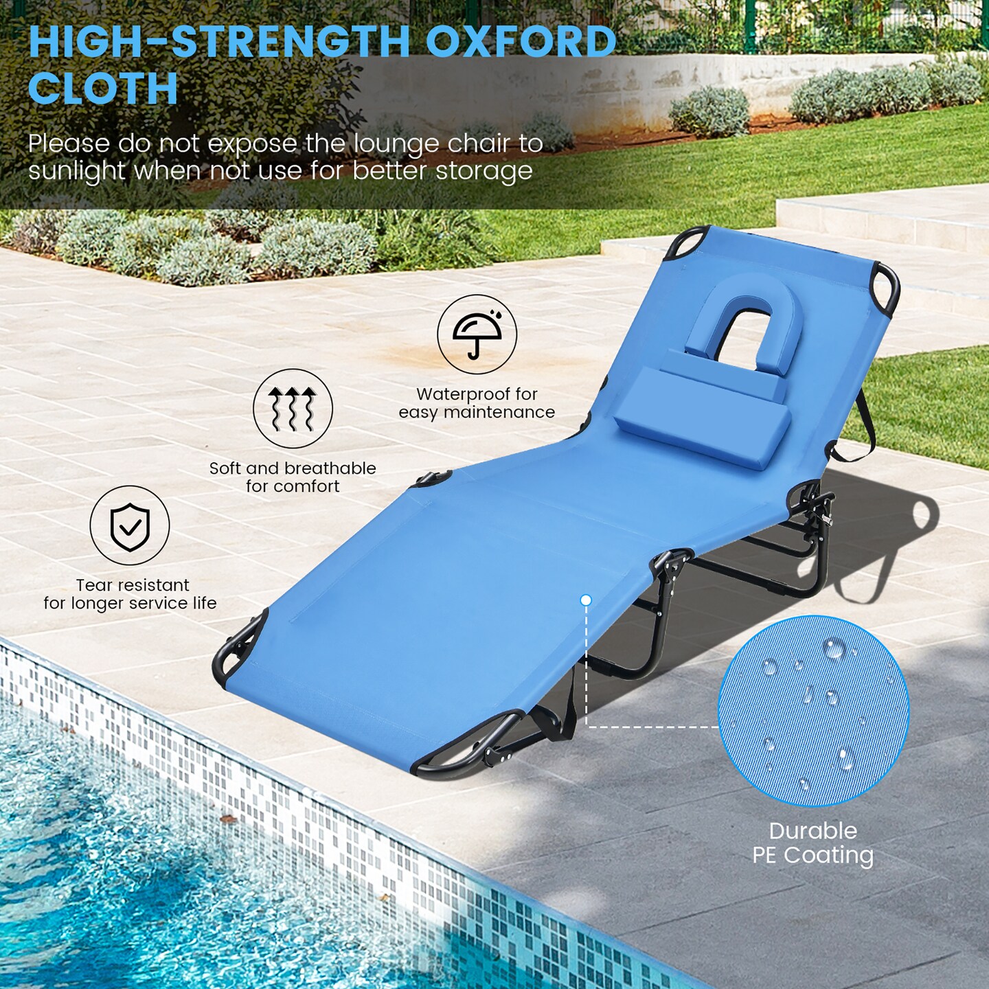 Costway 5-Position Adjustable Backrest  Beach Chaise Lounge Chair with Face Hole Pillows