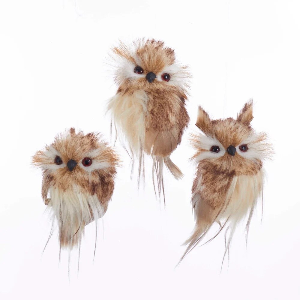 KSA Pack of 24 Brown and White Fur Hanging Owl Christmas Ornaments 4"