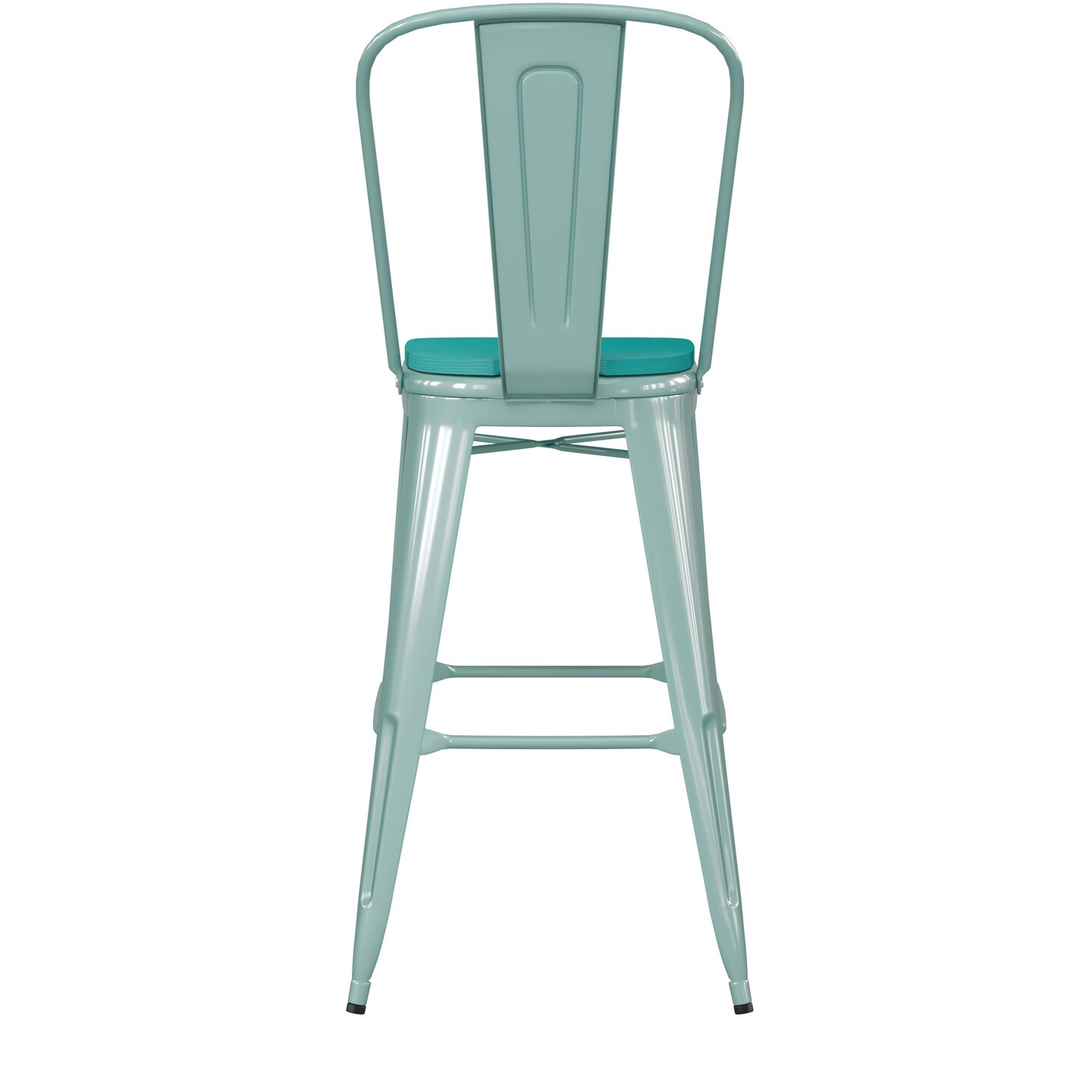 Emma and Oliver Nova Distressed Metal Stools with Backs and Polystyrene Seats for Indoor/Outdoor Use